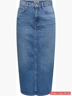 Midi Denim Skirt with Back Slit, Pockets, Button Zip Closure, Medium